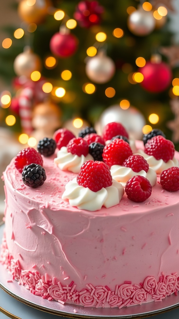 A pink Christmas cake with whipped cream and berries on a festive table.